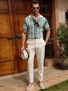 Manfinity Homme 男士休闲条纹纽扣短袖针织上衣 - 薄荷藍 - 查看 5