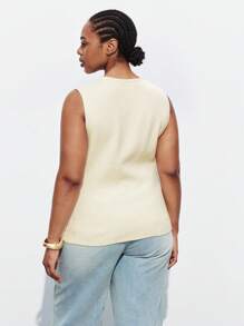 Maija Plus Size Women's Casual Solid Color Front Button Sleeveless Knit Top, Business Casual Urban Commuter Office Wear, Teacher Sweater Vest Cardigan Fall Autumn Back To School Homecoming Modest Vintage Women Old Money Teacher Romantic, Fashion, Versatile; Comfortable, Stylish, Elegant, Casual, Simple Daily Wear