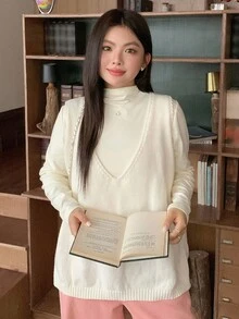 Dazy Plus 大码女式侧开衩V领宽松套头毛衣背心，秋冬 - 杏色 - 查看 5