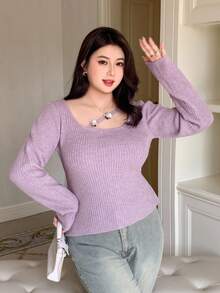 Dazy Plus 大码女式罗纹撞色领亮片花朵镂空修身长袖套头衫秋季 - 淺灰紫 - 查看 5