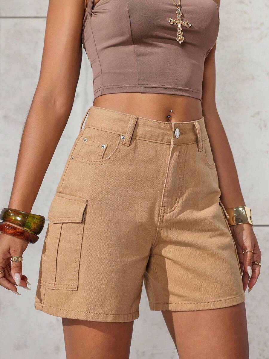 SHEIN ICON 女式纯色休闲牛仔短裤 - 卡其色 - 查看 1