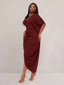 SHEIN SXY 大码女装春夏秋冬，优雅性感纯色凹褶设计时尚前开衩连衣裙，适合日常穿着、音乐节、音乐会、狂欢派对、波西米亚风格、郊游、海滩度假、丰富的层次、节日、约会之夜、生日、单身派对服装， - 酒紅色 - 查看 5