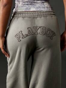 Missguided x Playboy Pantalon de jogging à jambes larges en coton avec cordon de serrage à la taille et coupe ample pour le casual et le streetwear