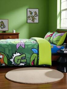 TEENAGE MUTANT NINJA TURTLES | SHEIN 3件套卡通图案床上用品，柔软透气保暖，绿色被套 - 綠色 - 查看 4