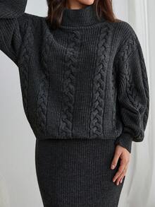 EURMUSE 粗针织高领毛衣和舒适纯色长款针织裙两件套，适合秋冬女装 - 灰色 - 查看 6