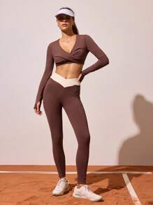 CourtClass Solid Color Cross-Wrap Long Sleeve Top And Contrast Color Waist Long Pants Casual Versatile Yoga Activewear Set