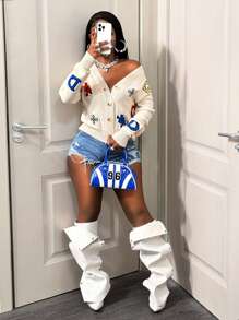 BamGleam Women's Cardigan Sweater, V-Neck Button Contrast Color Long Sleeve, Apricot Cartoon Face Letter Jacquard Pattern, Street Style Casual Loose Knit Outerwear