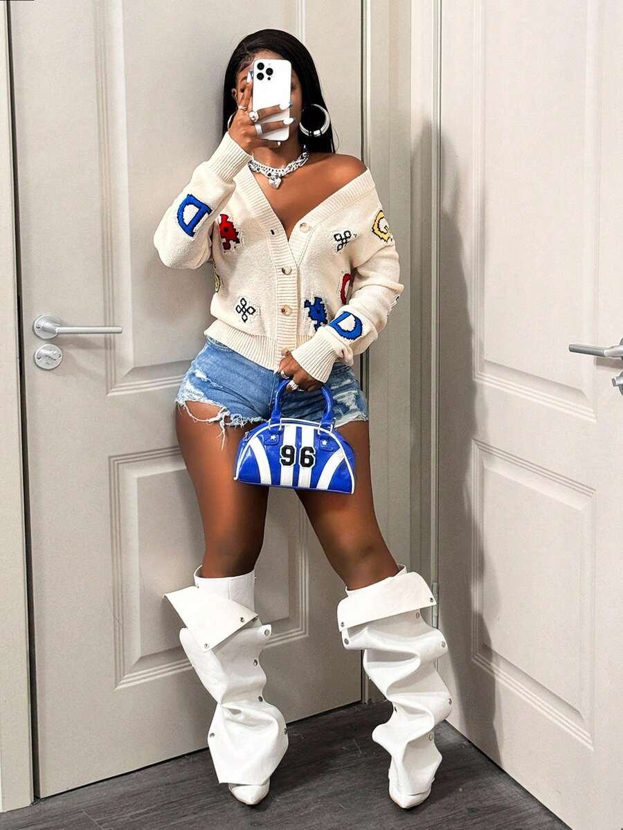 BamGleam Women's Cardigan Sweater, V-Neck Button Contrast Color Long Sleeve, Apricot Cartoon Face Letter Jacquard Pattern, Street Style Casual Loose Knit Outerwear