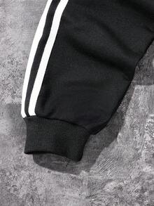 Teen Boys Casual Printed Zip-Up Hoodie & Straight Leg Sweatpants Set With Zipper Hem Design, Suitable For Street Wear Fall Winter - Black - View 3