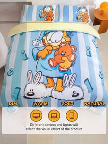 GARFIELD | SHEIN 3pc Soft Cute Cartoon Cat Print Blue Bedding Set,Suitable For Single Bed/Double Bed/Queen Bed/King Bed, Dormitory/Home - Blue - View 12