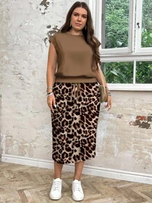 SHEIN LUNE 2pcs/Set Casual Loose Round Neck Full Print Leopard Pattern Skirt And Top Set, Suitable For Plus Size Women In Autumn And Winter Skirt Two Pieces Set
