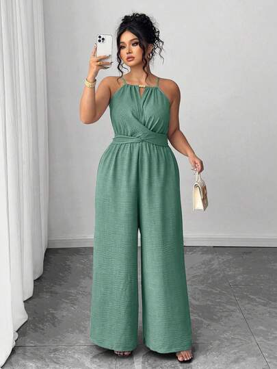 Elenzga 大码女式休闲卡其色褶皱面料细肩带串珠腰纽扣和蝴蝶结设计连体裤，适合春夏季、返校、毕业典礼、情人节、音乐节、母亲节、万圣节、感恩节、复活节、国庆节、舞会、约会派对、婚礼、户外旅行