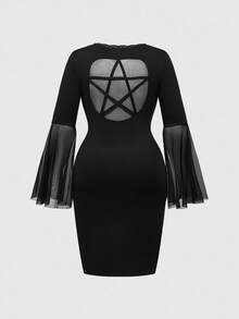 ROMWE Halloween Gothic Profession Backside Star Strap Mesh Lace Patchwork Cross Decor Deep V-Neck Plus Size Waist Cinched Slit Dress - Black - View 2