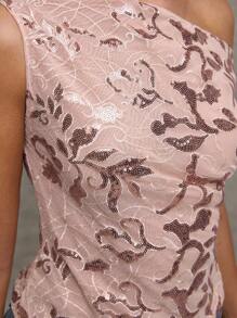 SHEIN BAE Top asimétrico con hombros descubiertos, bordado de malla con lentejuelas, otoño, lindo, sexy, vuelta al colegio, streetwear Y2k, tops de festival, tops para salir, noche, cita, top brillante