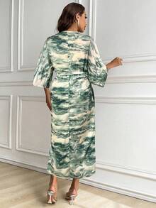 Modelyn 2pcs Women's Round Neck Allover Print Mid-Sleeve Top And Pleated Hem Skirt Set 2 Pieces Set - Green - View 2