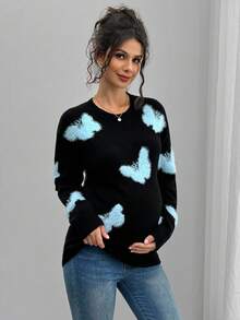 SHEIN 孕妇休闲蝴蝶图案圆领落肩毛衣，秋冬 - 黑色 - 查看 3