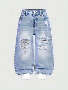 Sparklyn 女童复古时尚休闲百搭牛仔裤，蓝色破洞直筒修身款，适合所有季节，破洞牛仔裤，女童宽松破洞牛仔裤，秋冬季