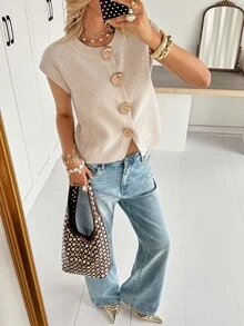 Siren Gaze Áo khoác cardigan dệt kim khóa kim loại thường ngày dành cho nữ - Màu be - Xem 7