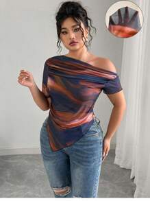Elenzga 加大码 T 恤，带有艺术渐变色网眼斜肩假日优雅印花上衣 - 彩色 - 查看 1