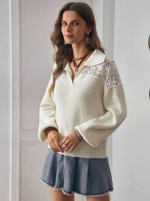 SHEIN LUNE LanaWest Women's Solid Color Contrast Lace Casual Sweater Fall Winter Cloth For Women - Beige - View 3
