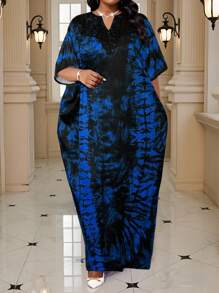 SHEIN Lady 2025 新款春夏秋冬优雅黑蓝色编织缺口长袍连衣裙蕾丝领度假大码连衣裙节日皇家蓝针织圆领喇叭袖荷叶边褶皱中长短袖大码连衣裙 - 藍色 - 查看 5