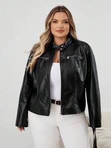 SHEIN CURVE+ 大码女式长袖 PU 皮革修身拉链夹克，带保暖衬里，大码女装 8xl 女装大码 8xl 皮夹克女式大码皮夹克冬季秋季秋冬 - 黑色 - 查看 7