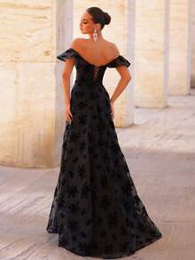 Glamrae Eleganter und wunderschöner schwarzer Organza-Jacquard-Herzausschnitt mit gerüschten, überschnittenen Ärmeln, durchsichtiger Taille und übergroßem Rock, geeignet für fröhliche Feiertagstreffen, Verabredungen, Junggesellinnenabschiede, formelles Abendkleid für Damen (schwerer Stil)