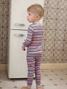 4pcs/Set Toddler Boy Pajamas,Colorful Striped & Cartoon Dinosaur Print Long Sleeve Top With Leggings,Snug Fit Comfortable Kids Lounge Set For Fall - Multicolor - View 7
