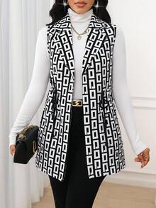 SHEIN Lady 秋冬女款黑白几何印花翻领抽绳腰背心外套 - 彩色 - 查看 4