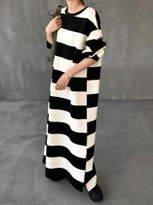 FRIFUL Women's Round Neck Drop Shoulder Long Sleeve Black & White Striped Straight Long Dress, Autumn Dress, Outdoor Dress, Autumn Wear
