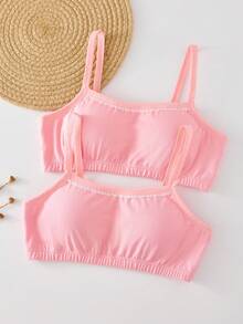2pcs/Set Girls Cute Sweet Style Light Pink Crescent Lace Trim Bow Decor Padded Camisole Bras For Teen Tween Girl Winter Basics Fall - Multicolor - View 6