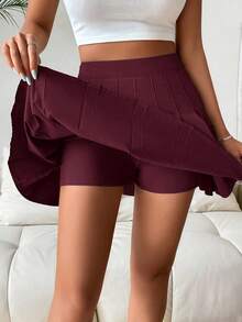 SHEIN PETITE Saia/shorts plissado feminino, cor sólida, elegante, casual, para viagem, estilo escolar, primavera/verão - Borgonha - Ver 4