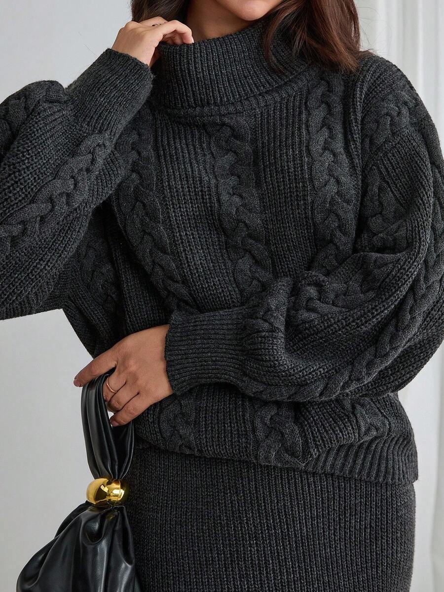 EURMUSE 粗针织高领毛衣和舒适纯色长款针织裙两件套，适合秋冬女装 - 灰色 - 查看 1