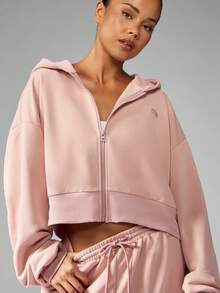 MISSGUIDED 舒适短款全拉链连帽衫拉绒羊毛运动衫冬季休闲必备连帽衫带抽绳罗纹下摆休闲日常层 - 藕粉色 - 查看 6