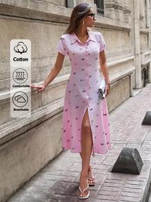 EURMUSE Váy sơ mi vải thêu hoa thanh lịch cho nữ - Hồng - Xem 1