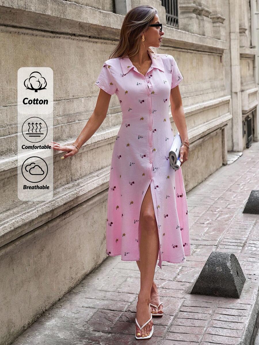 EURMUSE Váy sơ mi vải thêu hoa thanh lịch cho nữ - Hồng - Xem 1