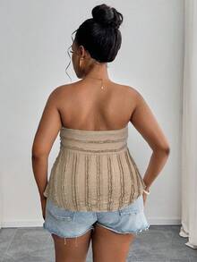 SHEIN PETITE CURVE 大码女式夏季休闲通勤度假风格纯色蕾丝拼布前系带紧身胸衣娃娃装抹胸上衣 - 摩卡棕 - 查看 2