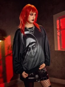 The Nun X SHEIN Áo nỉ dài tay cổ tròn in hình nhân vật phim kinh dị màu đen - màu đen - Xem 3