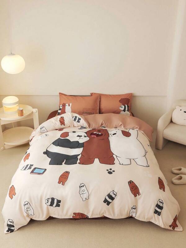 We Bare Bears X SHEIN Juego de ropa de cama con estampado de oso de dibujos animados, lindo y de color marrón