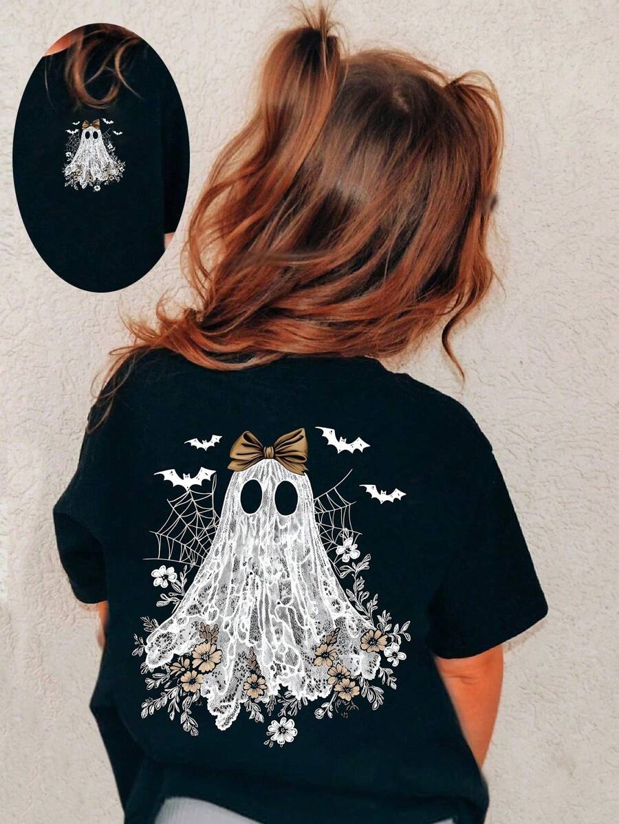 青少年女孩休闲可爱时尚蕾丝印花万圣节幽灵、蝙蝠、蝴蝶结图案短袖圆领 T 恤