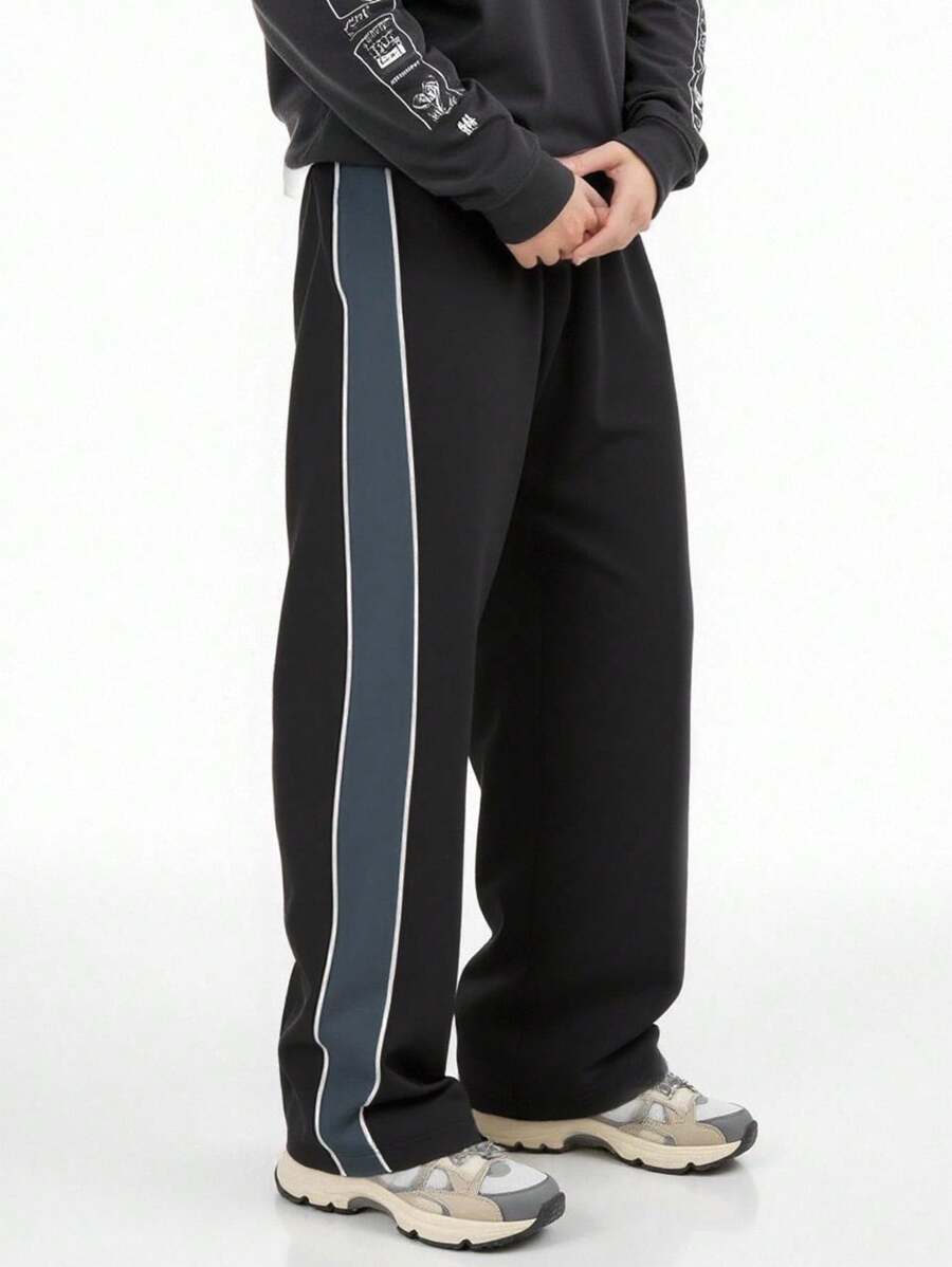 Manfinity Dauomo Men Color-Block Straight Leg Loose Fit Casual Pants For Daily Wear, For Fall - Black - View 1