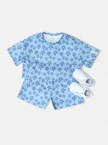 SUMWON Floral Print Summer Crop T-Shirt Co-Ord Set With Matching Shorts Cute Daisy Pattern Girls Holiday Festival Beach Vacation Two Piece Outfit - Blue - View 1