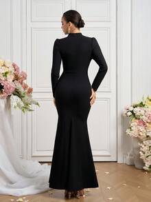 Coutiva Vestido de noche elegante de mujer con decoración de strass, plisado y abertura en la falda de cola de pez - Negro - Ver 2