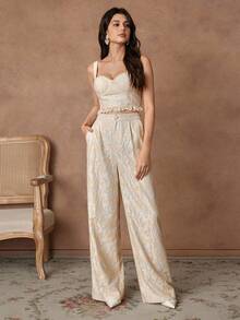 Savoree Apricot Elegant Romantic Date Night Two-Tone Tie Dye Lace Textured Off-The-Shoulder Corset Top And High-Waisted Straight Leg Pants Suit - Yellow - View 1