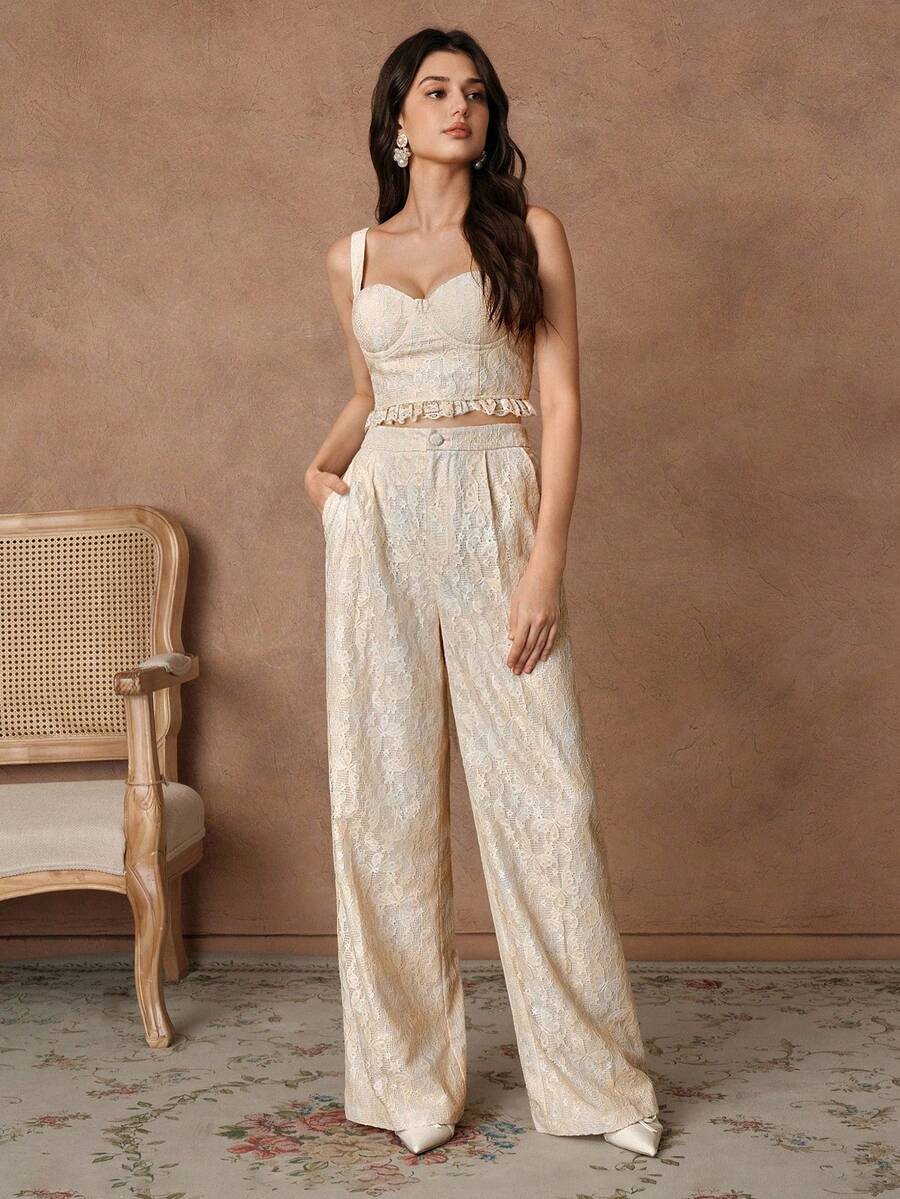 Savoree Apricot Elegant Romantic Date Night Two-Tone Tie Dye Lace Textured Off-The-Shoulder Corset Top And High-Waisted Straight Leg Pants Suit - Yellow - View 1