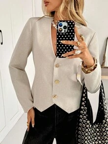 Siren Gaze 女士纯色常规肩长袖前开襟时尚优雅西装外套，秋季新款金属纽扣腰身衬衫，时尚通勤夹克，办公室休闲装，长袖衬衫，亚麻衬衫，复古风格，秋季上衣，优雅女士衬衫，女士秋季服装，外出上衣，女士西装外套，法式风格服装，优雅冬季女士衬衫 - 杏色 - 查看 3