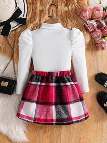 SHEIN 2件套少女针织上衣和梭织裙套装 - 玫紅色 - 查看 2