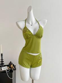 Sweetra 女士棕色花卉刺绣复古 Y2K 紧身舒适海滩度假泳衣套装、细肩带 V 领吊带背心和性感短裤 - 綠色 - 查看 3