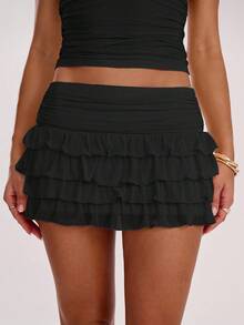 SHEIN BAE Women's Solid Color Minimalist Pleated Skirt, Everyday Wear,Black Skirt