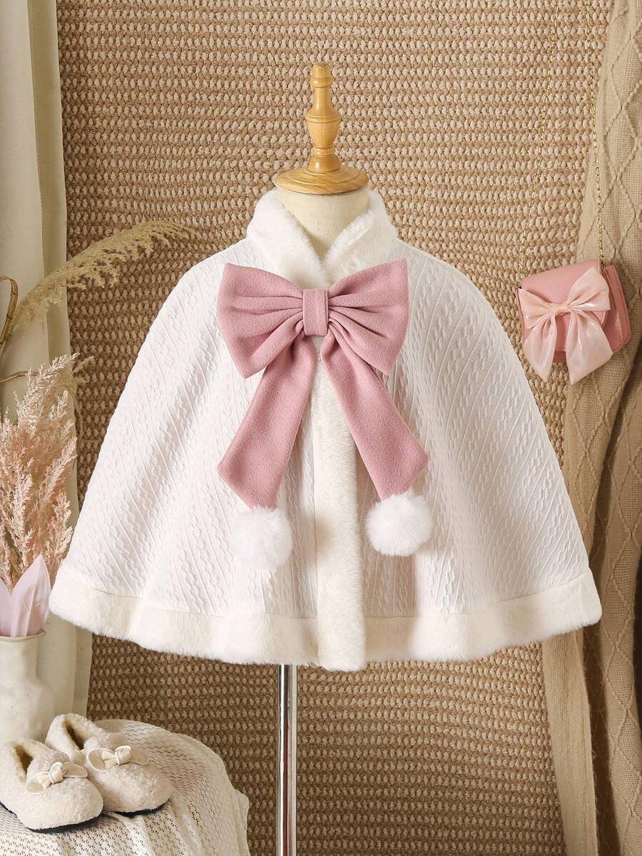 Young Girl Faux Fur Collar Bow Decor Hooded Warm Fashion Jacket Girls Winter Cape Kids Cape With Bow Faux Fur Cape Toddler Girl Winter Clothes Fall
